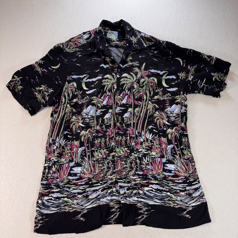 Vtg Reyn Spooner Hawaiian Shirt Mens XL Black Spun Rayon Tropical Hula Palm Tree